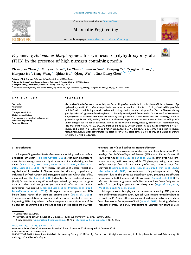 Zhongnan ZhangEngineering Halomonas bluephagenesis for synthesis of polyhydroxybutyrate Page1