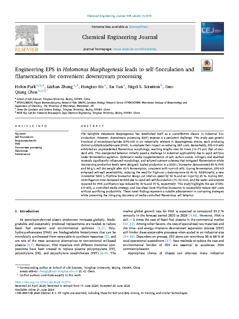 Helen ParkEngineering EPS in Halomonas bluephagenesis leads to self-flocculation and filamentation for convenient downstream processing Page1