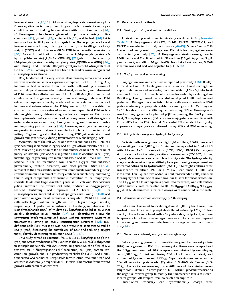 Helen ParkEngineering EPS in Halomonas bluephagenesis leads to self-flocculation and filamentation for convenient downstream processing Page2